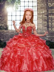 Red Ball Gowns Organza High-neck Sleeveless Beading and Ruffles Floor Length Lace Up Kids Pageant Dress