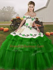 Green Quinceanera Gown Off The Shoulder Sleeveless Brush Train Lace Up