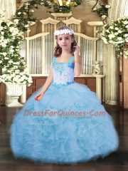 On Sale Floor Length Blue Little Girl Pageant Gowns Organza Sleeveless Beading and Ruffles and Pick Ups