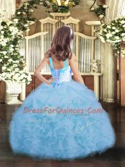 On Sale Floor Length Blue Little Girl Pageant Gowns Organza Sleeveless Beading and Ruffles and Pick Ups