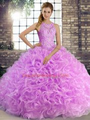 High End Lilac Ball Gowns Beading Quinceanera Gowns Lace Up Fabric With Rolling Flowers Sleeveless Floor Length