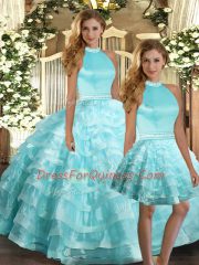 Aqua Blue Backless Sweet 16 Quinceanera Dress Ruffled Layers Sleeveless Floor Length