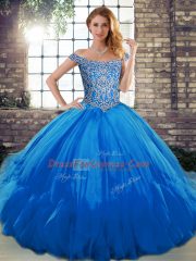 Adorable Blue Tulle Lace Up Off The Shoulder Sleeveless Floor Length Quinceanera Gowns Beading and Ruffles