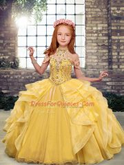 Fashionable Gold Scoop Neckline Beading and Ruffles Pageant Dress for Girls Sleeveless Lace Up