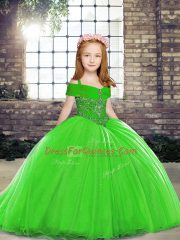Sleeveless Tulle Brush Train Lace Up Pageant Dress for Teens in Green with Beading