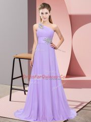 Captivating Empire Lavender One Shoulder Chiffon Sleeveless Floor Length Lace Up