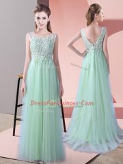 Apple Green Sleeveless Brush Train Beading and Lace Vestidos de Damas