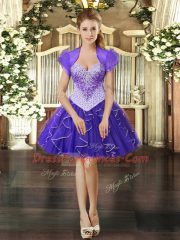 Vintage Mini Length Purple Organza Sleeveless Beading and Ruffles