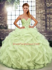 Yellow Green Lace Up Quince Ball Gowns Beading and Ruffles Sleeveless Floor Length