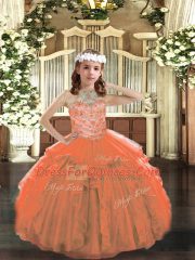 Floor Length Orange Pageant Dress for Teens Halter Top Sleeveless Lace Up