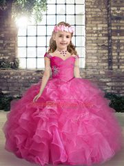 Stylish Hot Pink Organza Lace Up Kids Pageant Dress Sleeveless Floor Length Beading and Ruffles