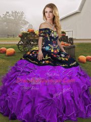 Black And Purple Sleeveless Floor Length Embroidery and Ruffles Lace Up Quinceanera Gowns
