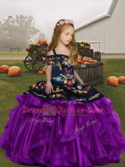 Sleeveless Organza Floor Length Lace Up Little Girls Pageant Dress in Eggplant Purple with Embroidery