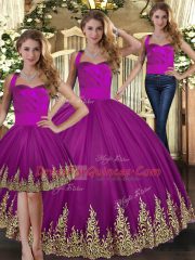 Sweet Fuchsia Sleeveless Embroidery Floor Length Ball Gown Prom Dress