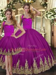 Sweet Fuchsia Sleeveless Embroidery Floor Length Ball Gown Prom Dress