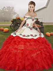 Best Selling Floor Length Lace Up Quinceanera Dress White And Red for Military Ball and Sweet 16 and Quinceanera with Embroidery and Ruffles