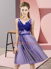 Cute V-neck Sleeveless Quinceanera Court of Honor Dress Knee Length Appliques Lavender Tulle