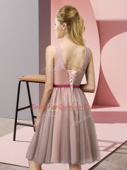Cute V-neck Sleeveless Quinceanera Court of Honor Dress Knee Length Appliques Lavender Tulle