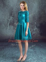 Flare Teal Half Sleeves Knee Length Lace Zipper Quinceanera Court of Honor Dress