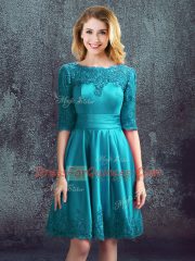 Flare Teal Half Sleeves Knee Length Lace Zipper Quinceanera Court of Honor Dress