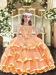 Best Organza Halter Top Sleeveless Lace Up Appliques and Ruffled Layers Little Girl Pageant Gowns in Orange