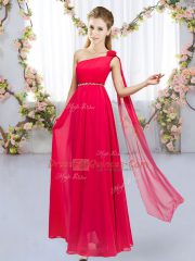 Sexy Sleeveless Floor Length Beading and Hand Made Flower Lace Up Dama Dress with Red