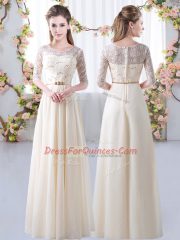 Spectacular Champagne Empire Chiffon Scoop Half Sleeves Lace and Belt Floor Length Zipper Vestidos de Damas