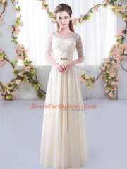 Spectacular Champagne Empire Chiffon Scoop Half Sleeves Lace and Belt Floor Length Zipper Vestidos de Damas