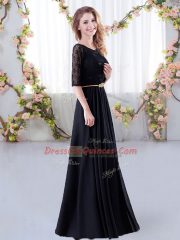 Spectacular Champagne Empire Chiffon Scoop Half Sleeves Lace and Belt Floor Length Zipper Vestidos de Damas