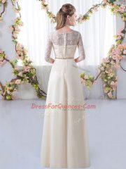 Spectacular Champagne Empire Chiffon Scoop Half Sleeves Lace and Belt Floor Length Zipper Vestidos de Damas