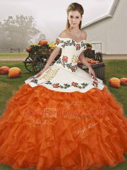 Orange Red Ball Gowns Off The Shoulder Sleeveless Organza Floor Length Lace Up Embroidery and Ruffles Vestidos de Quinceanera