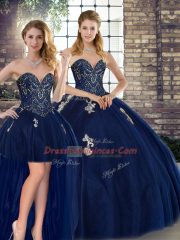 High Class Floor Length Three Pieces Sleeveless Navy Blue 15th Birthday Dress Lace Up