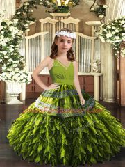 Olive Green Ball Gowns Organza V-neck Sleeveless Appliques and Ruffles Floor Length Zipper Pageant Gowns
