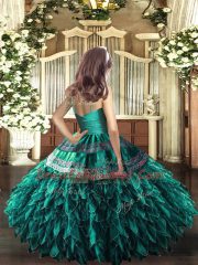 Olive Green Ball Gowns Organza V-neck Sleeveless Appliques and Ruffles Floor Length Zipper Pageant Gowns