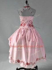 Lovely Satin and Organza Halter Top Sleeveless Lace Up Embroidery and Ruffles Prom Dresses in Red and Pink