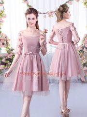 Pink A-line Belt Dama Dress Lace Up Tulle Half Sleeves Knee Length
