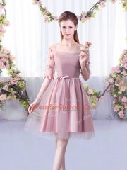 Pink A-line Belt Dama Dress Lace Up Tulle Half Sleeves Knee Length