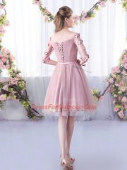 Pink A-line Belt Dama Dress Lace Up Tulle Half Sleeves Knee Length