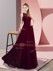 Burgundy Empire Lace Prom Dress Zipper Chiffon Sleeveless Floor Length