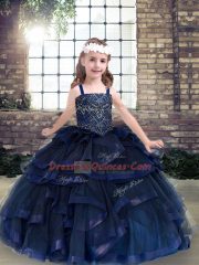 Custom Fit Sleeveless Floor Length Beading and Ruffles Lace Up Pageant Dress Toddler with Navy Blue
