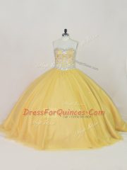 Adorable Tulle Sweetheart Sleeveless Lace Up Beading Sweet 16 Dresses in Gold