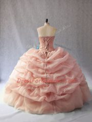 Peach Sleeveless Beading and Pick Ups Floor Length Quince Ball Gowns