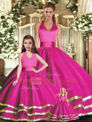 Fashion Fuchsia Lace Up Halter Top Ruffled Layers Ball Gown Prom Dress Organza Sleeveless