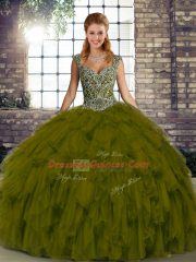 Classical Floor Length Ball Gowns Sleeveless Olive Green 15 Quinceanera Dress Lace Up
