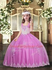 Beauteous Lilac Tulle Lace Up Straps Sleeveless Floor Length Little Girl Pageant Gowns Appliques