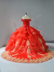Sleeveless Court Train Lace Up Appliques and Hand Made Flower Sweet 16 Dress