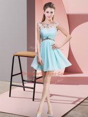 Stylish Light Blue Empire Chiffon Scoop Sleeveless Beading and Ruching Mini Length Backless Prom Dresses
