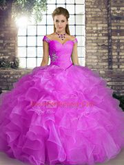 Cute Lilac Ball Gowns Organza Off The Shoulder Sleeveless Beading and Ruffles Floor Length Lace Up Quinceanera Gowns