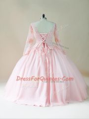 Superior Baby Pink Long Sleeves Satin and Tulle Lace Up Quinceanera Dresses for Sweet 16 and Quinceanera