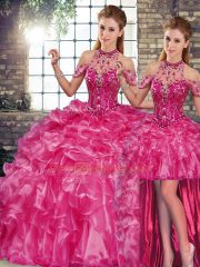 Extravagant Fuchsia Halter Top Neckline Beading and Ruffles Quince Ball Gowns Sleeveless Lace Up